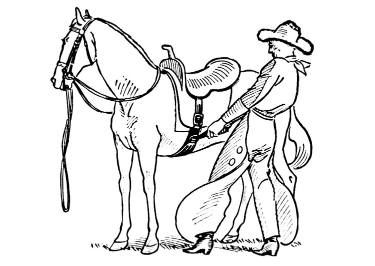 Malvorlage  Cowboy sattelt ein Pferd