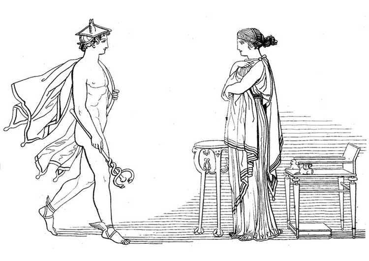 Malvorlage  Odysseus - Hermes befielt Calypso die Freilassung von Odysseus