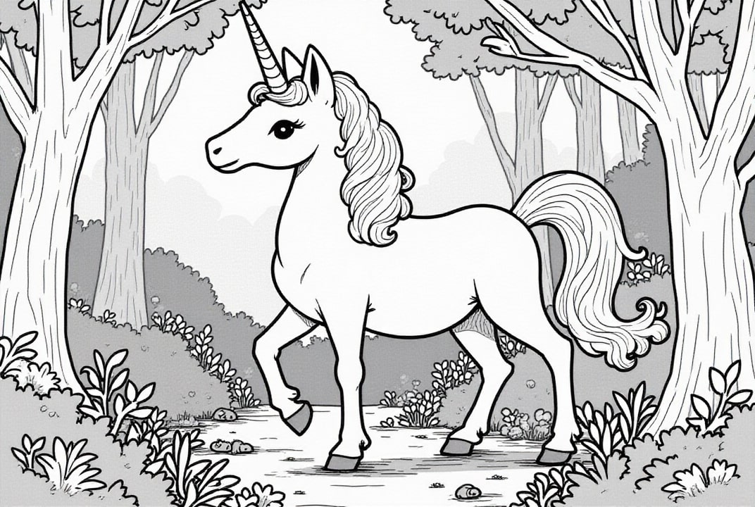 Malvorlage einhorn im wald