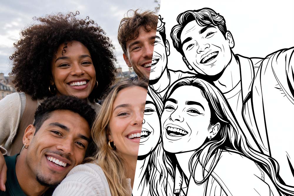 Gruppenfoto mit Freunden als Ausmalbild