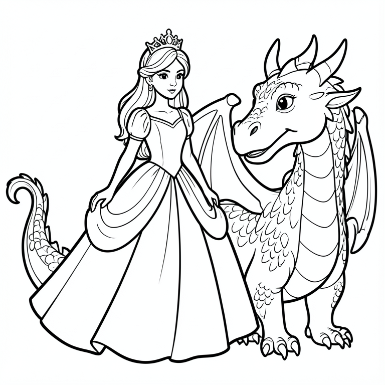 Ausmalbild Prinzessin und Drache