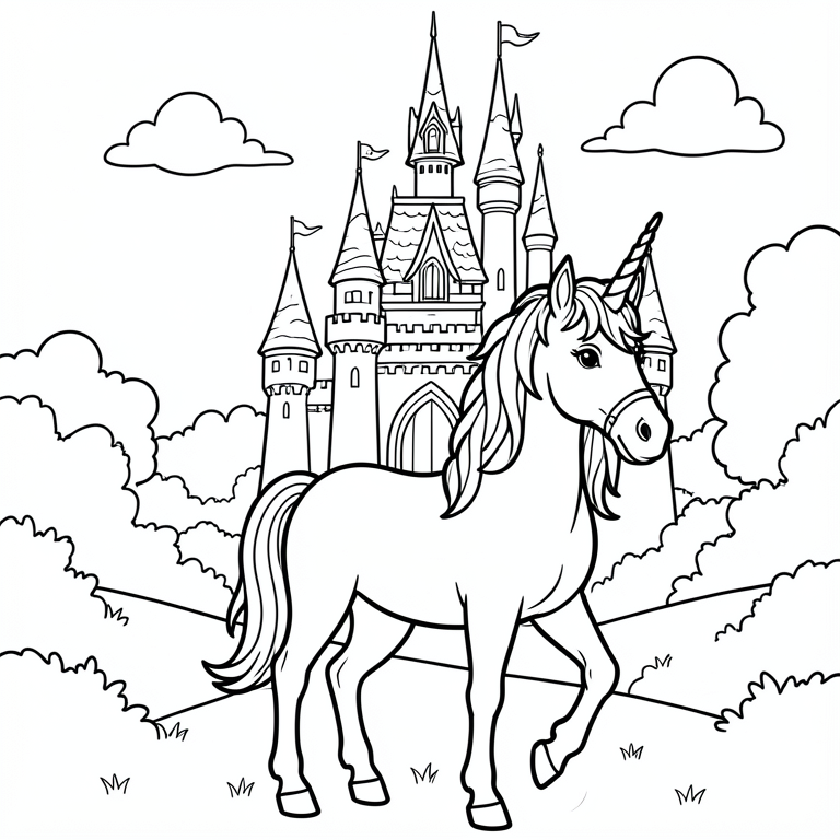 Ausmalbild Einhorn und Schloss