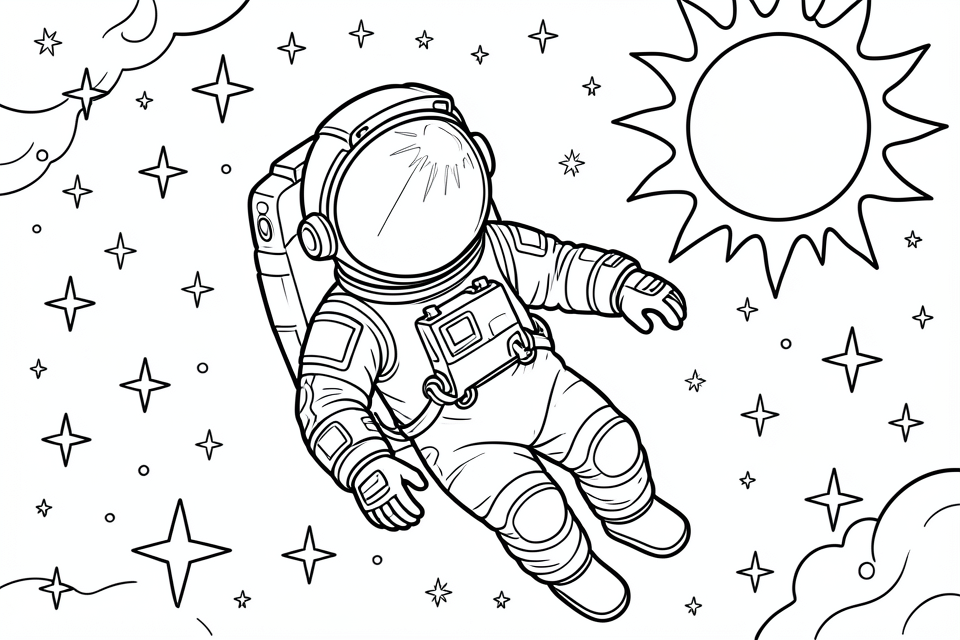 astronaut im weltraum mit sternen und sonne Malvorlage astronaut im weltraum mit sternen und sonne