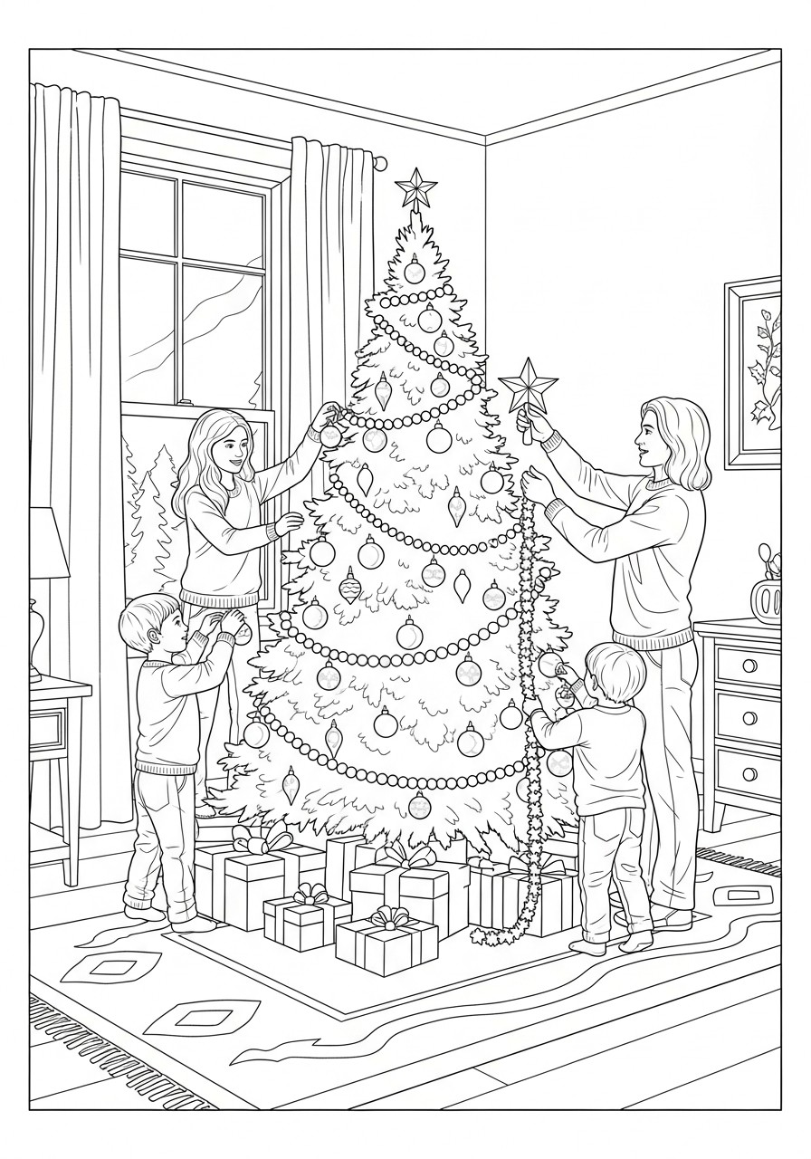 aufstellen eines weihnachtsbaums mit der familie Malvorlage aufstellen eines weihnachtsbaums mit der familie