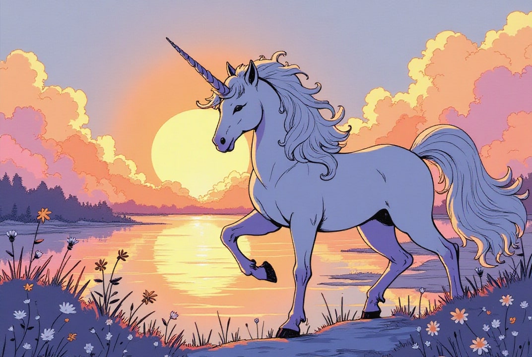 Bild einhorn bei sonnenuntergang