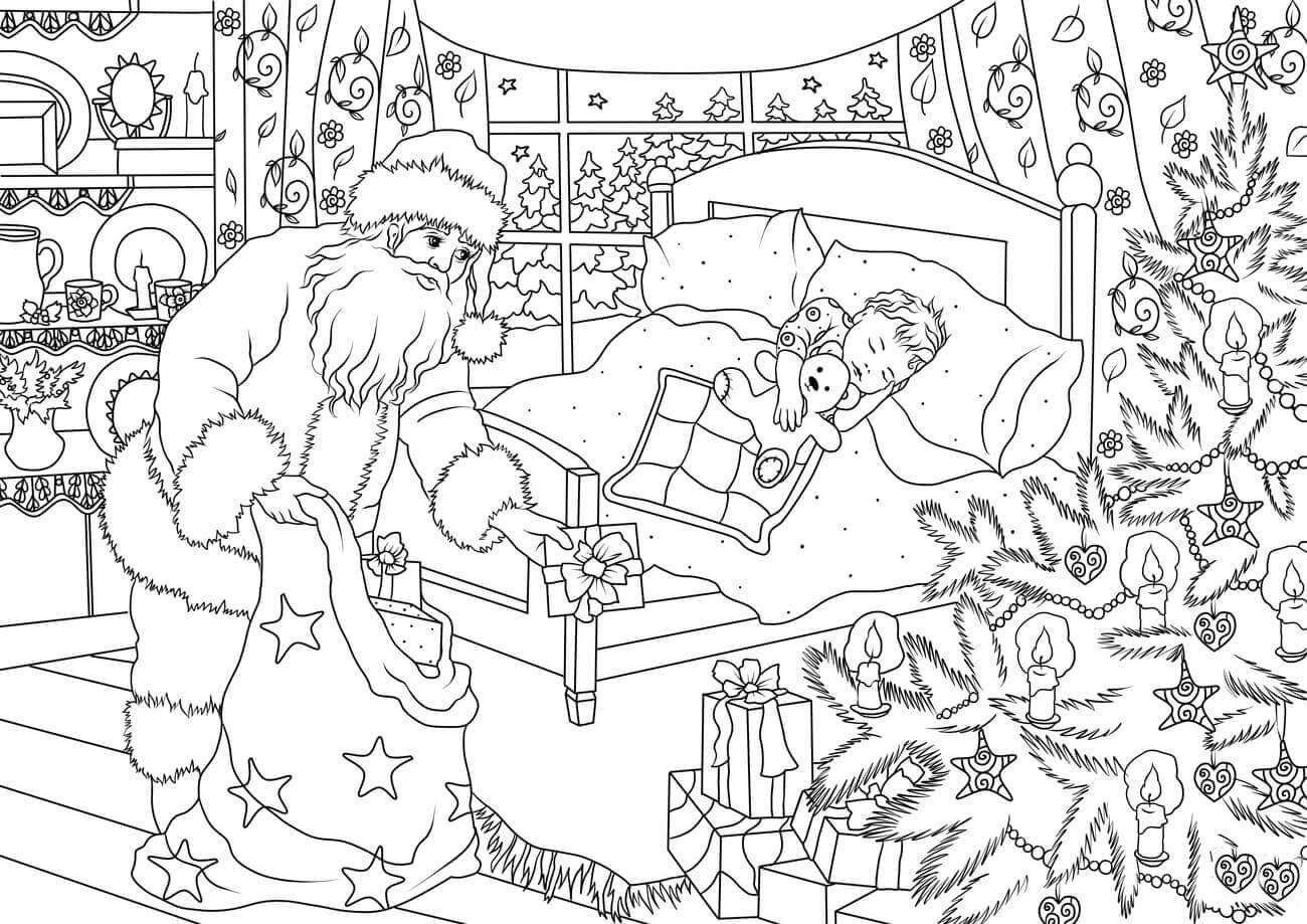 Malvorlage der weihnachtsmann bringt geschenke