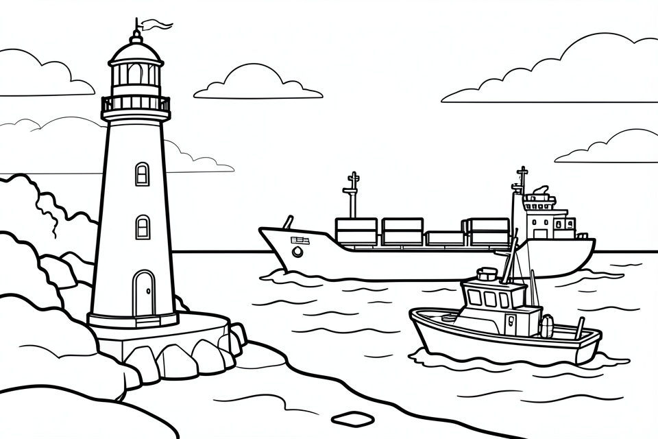 ein leuchtturm im hafen mit schiffen auf see Malvorlage ein leuchtturm im hafen mit schiffen auf see