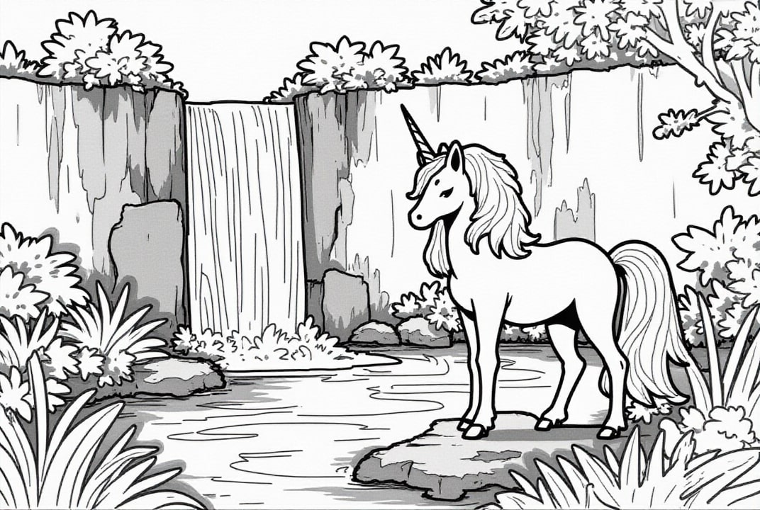 Malvorlage einhorn am wasserfall