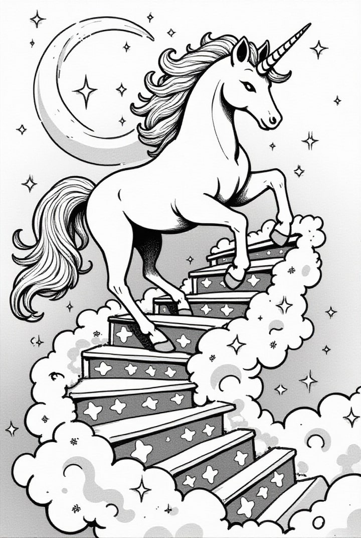 Malvorlage einhorn auf der zaubertreppe