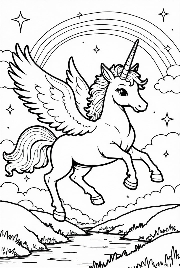 einhorn fliegt mit regenbogen durch den himmel Malvorlage einhorn fliegt mit regenbogen durch den himmel