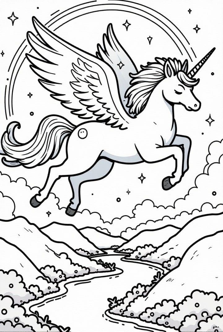 Malvorlage  einhorn fliegt durch den himmel