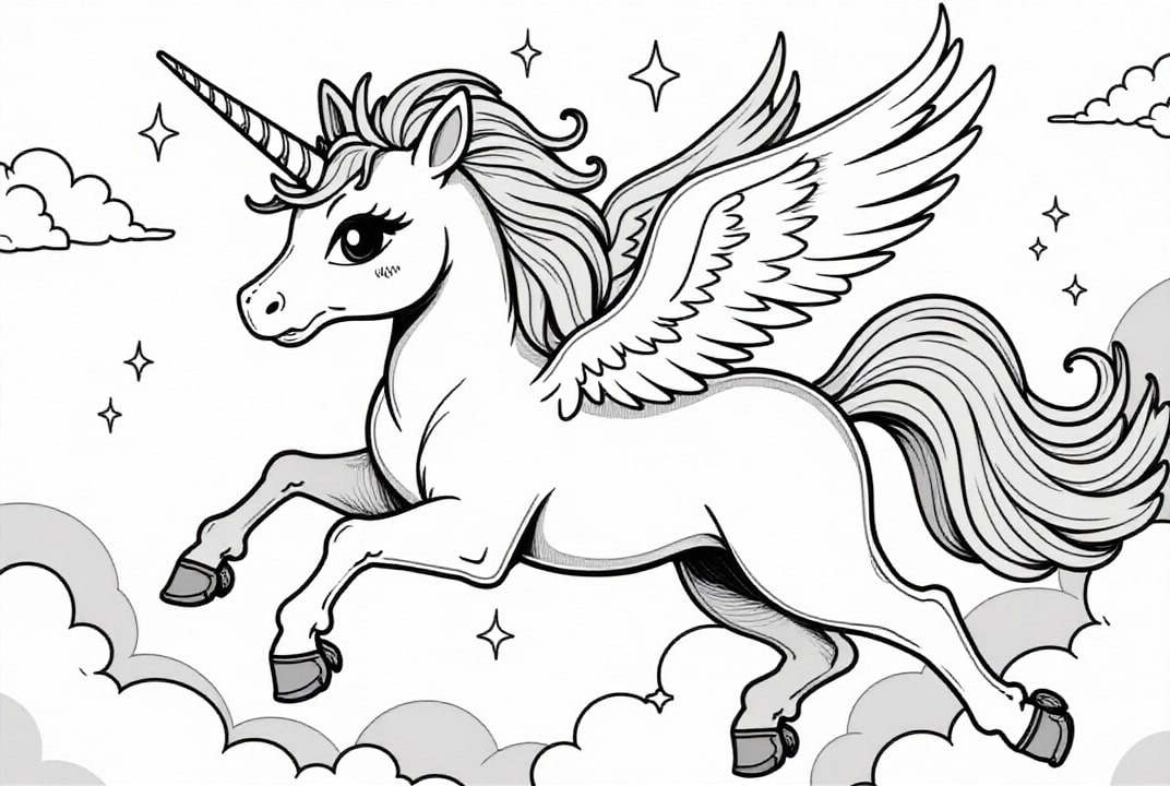 Malvorlage  einhorn fliegt durch den himmel