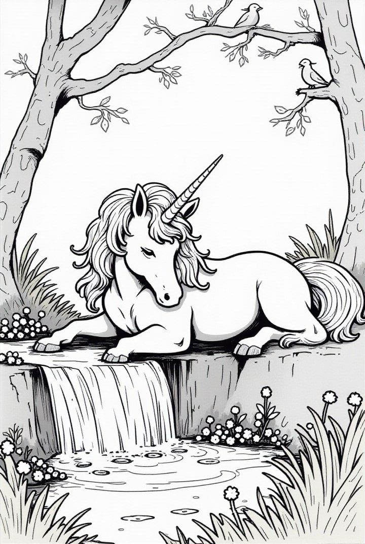 Malvorlage  einhorn ruht am fluss
