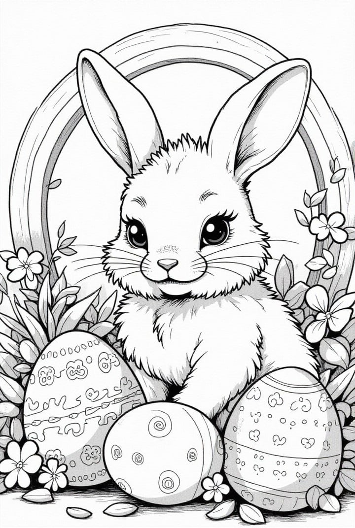 Malvorlage  osterhase im garten mit ostereiern