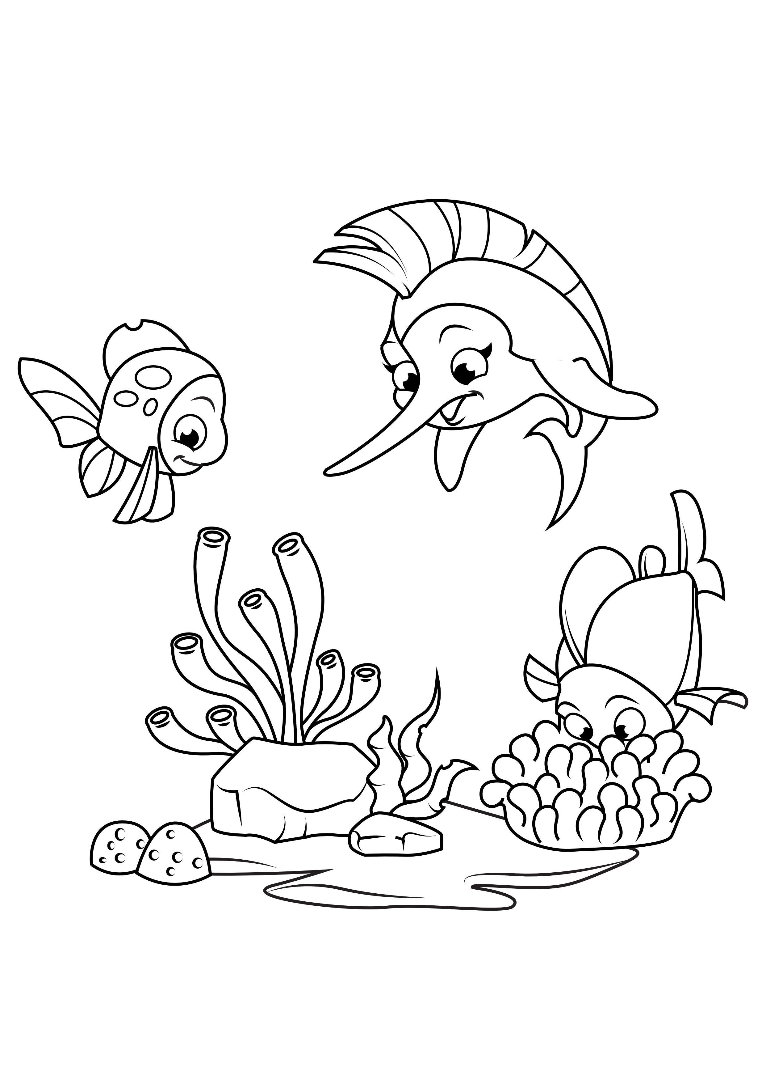 schwertfisch spielt mit fisch Malvorlage schwertfisch spielt mit fisch