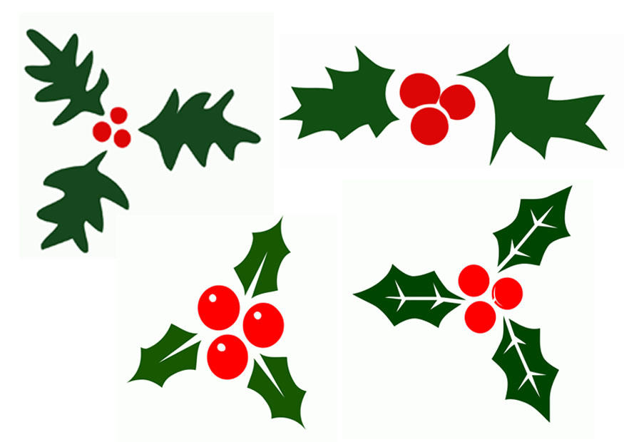 Clipart von Stechpalme mit grnen Blttern und roten Beeren