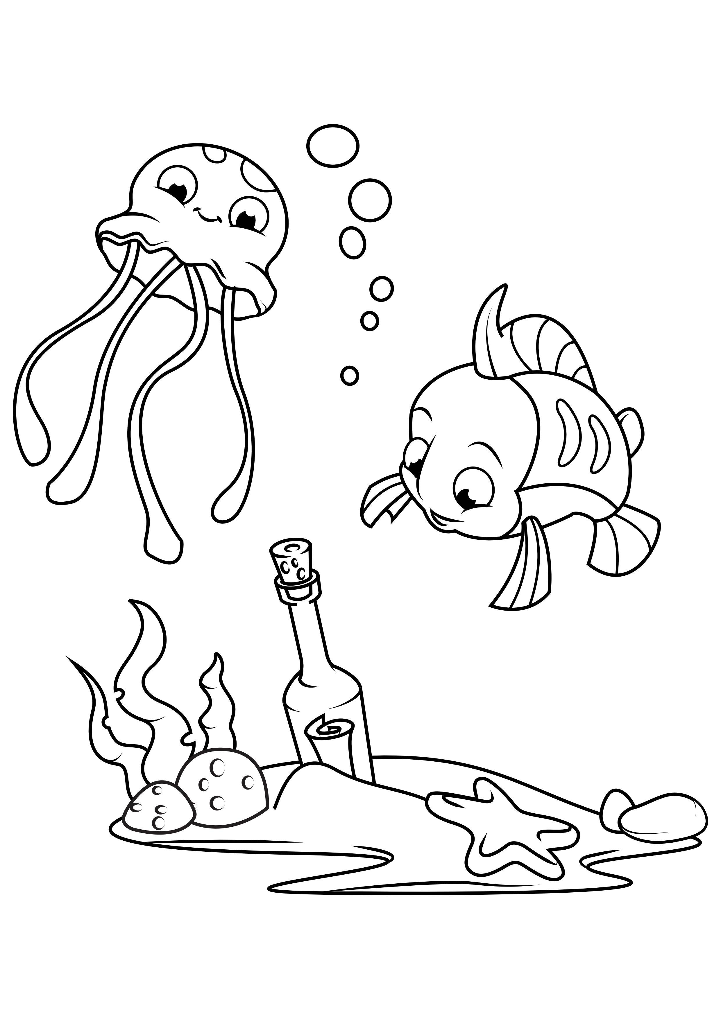 tintenfisch und fisch mit flasche Malvorlage tintenfisch und fisch mit flasche