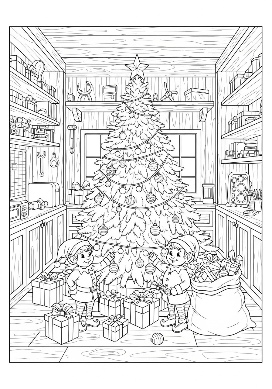 weihnachtselfen am weihnachtsbaum Malvorlage weihnachtselfen am weihnachtsbaum
