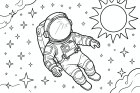 Astronaut im Weltraum mit Sternen und Sonne