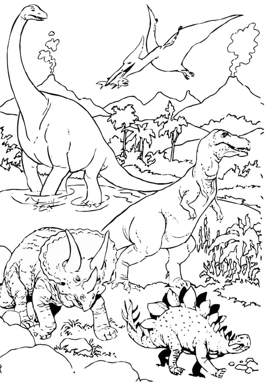 Malvorlage  Dinosaurier in der Landschaft