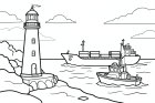 ein Leuchtturm im Hafen mit Schiffen auf See