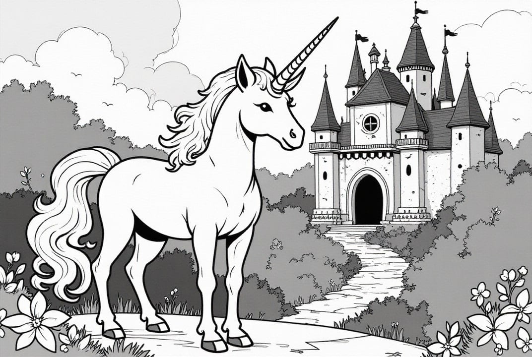 Malvorlage  Einhorn fÃ¼r magisches Schloss