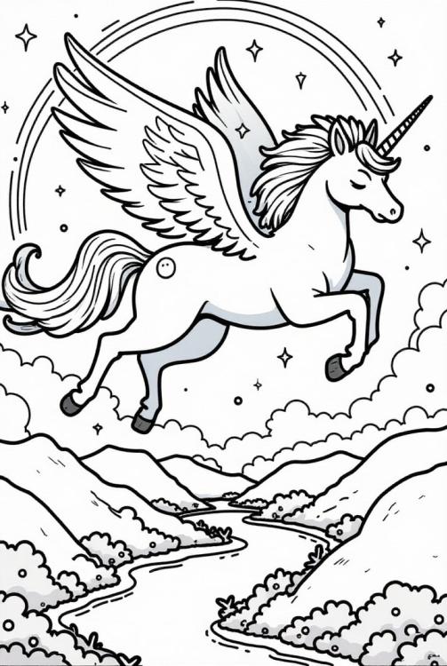 Einhorn fliegt durch den Himmel