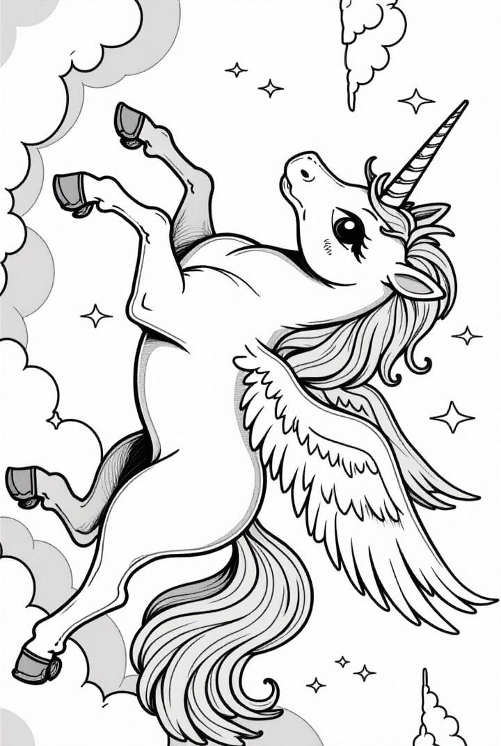 Einhorn fliegt durch den Himmel