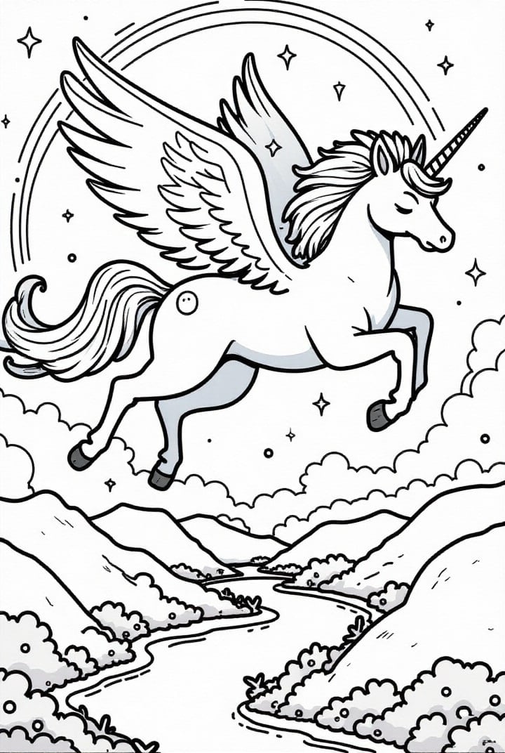 Malvorlage  Einhorn fliegt durch den Himmel