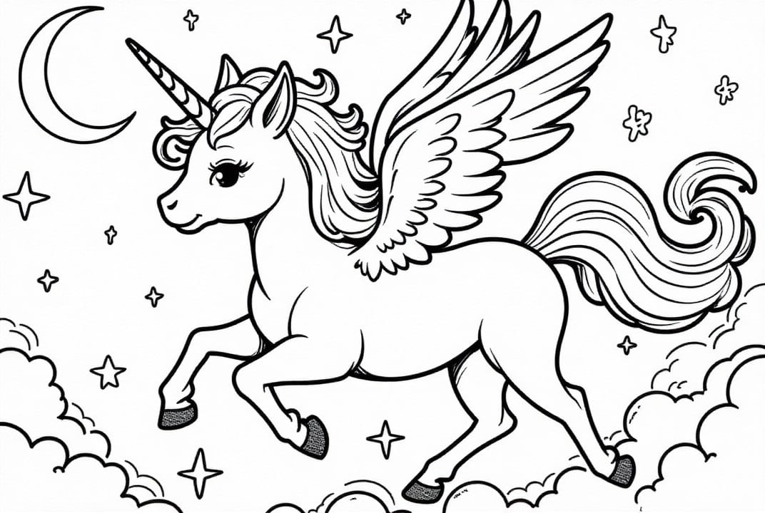 Einhorn fliegt durch die Wolken