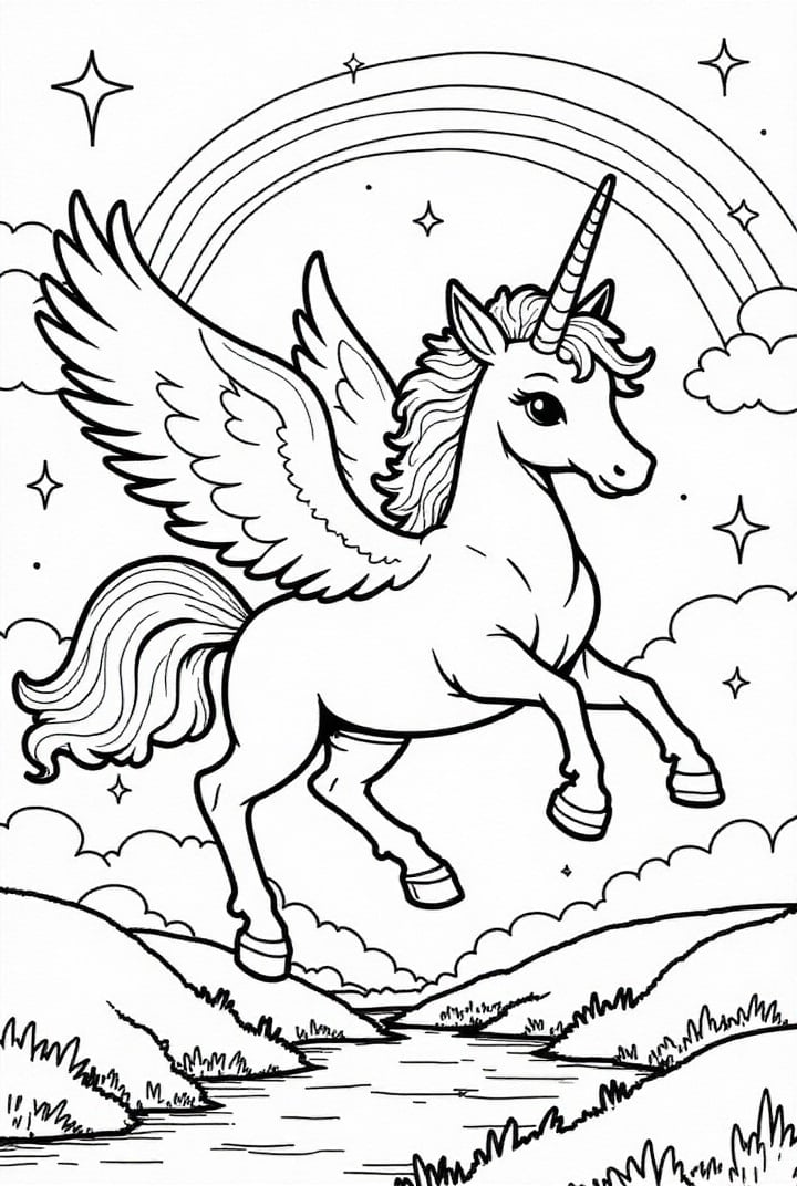 Malvorlage  Einhorn fliegt mit Regenbogen durch den Himmel
