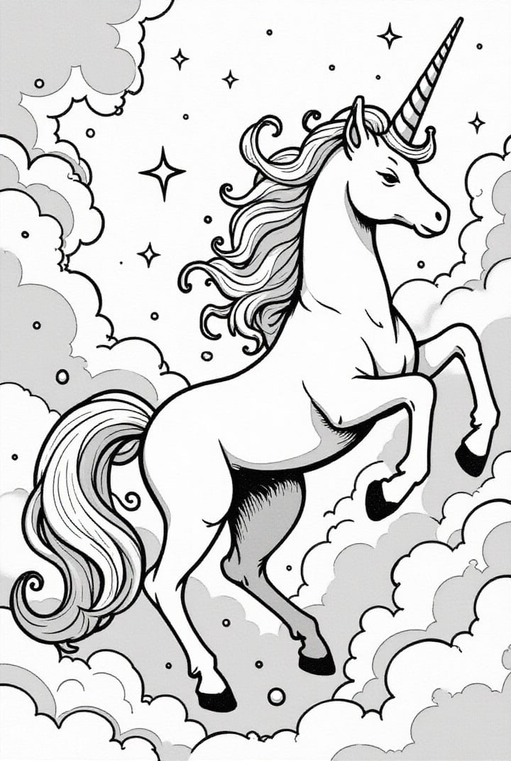 Malvorlage  Einhorn in den Wolken