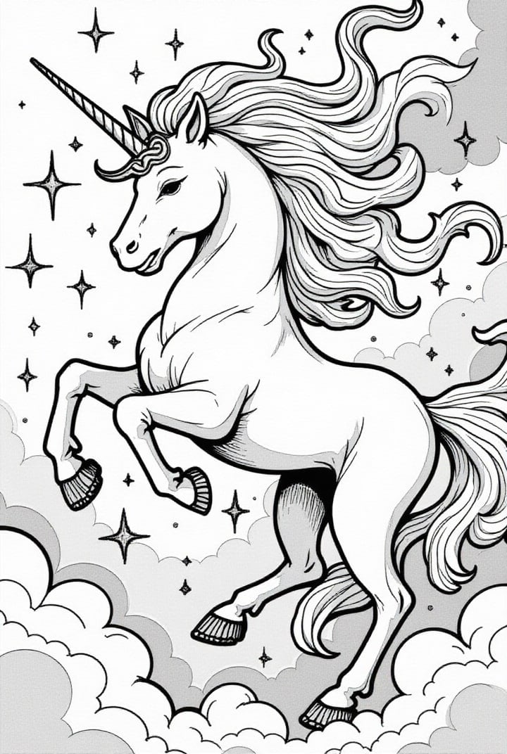 Malvorlage  Einhorn in der magischen Nacht
