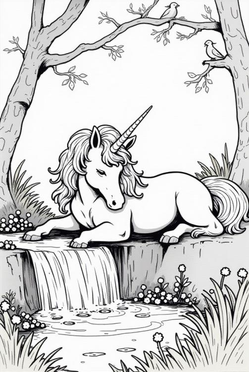 Einhorn ruht am Fluss