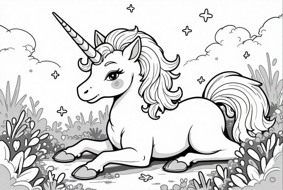 Einhorn ruht auf der Wiese