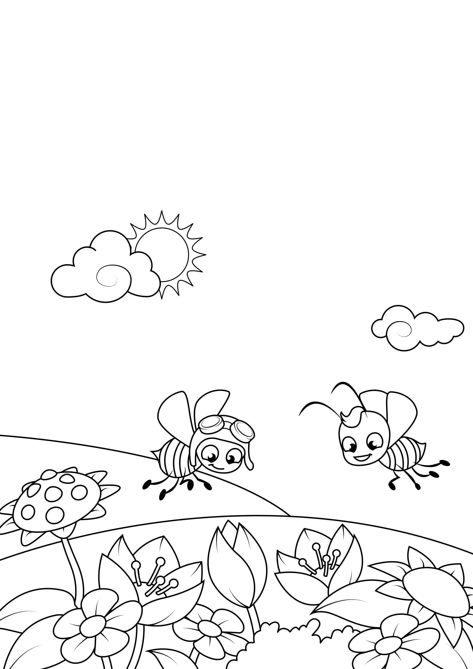 malvorlage frühling bienen im garten  kostenlose