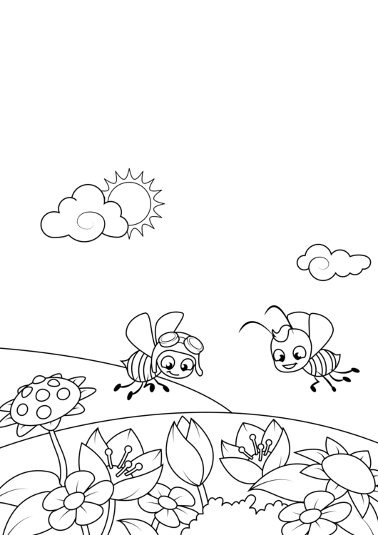 Malvorlage  FrÃ¼hling, Bienen im Garten
