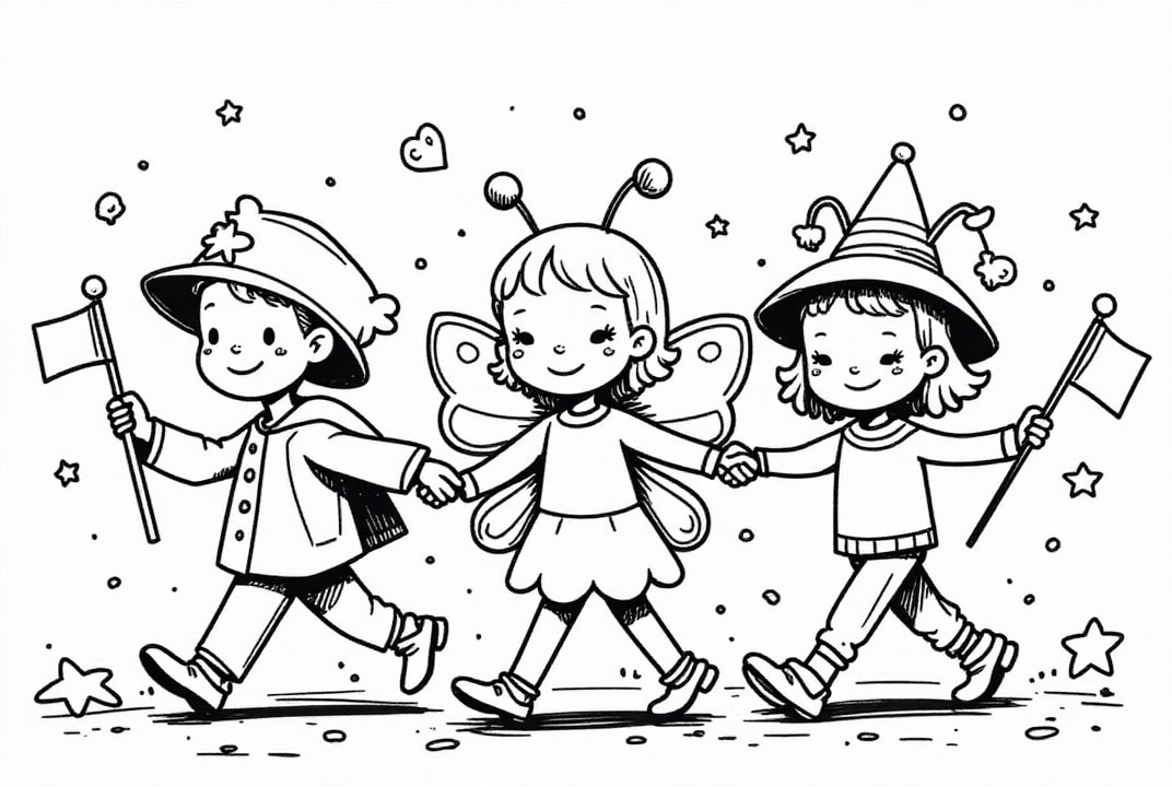 Malvorlage  Kinder mit Fahnen beim Karneval