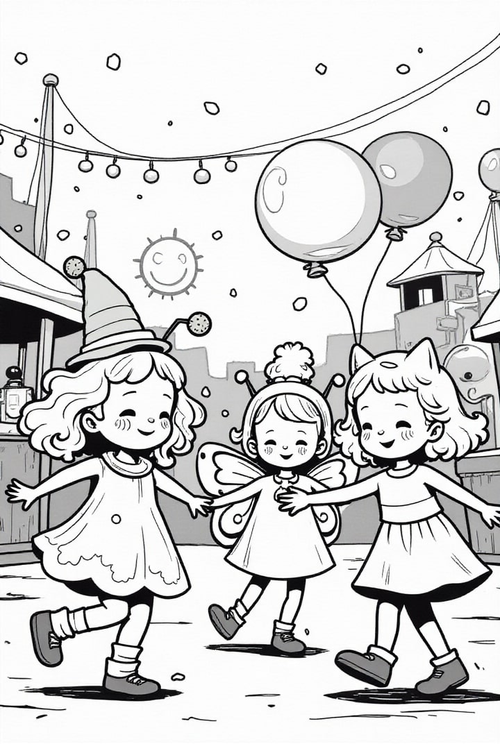 Malvorlage  Kinder mit Luftballons feiern Karneval