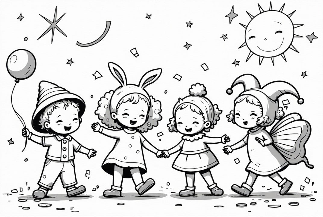 Malvorlage  Kleinkinder feiern Karneval