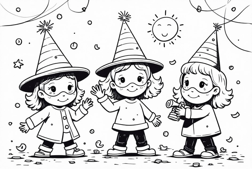 Malvorlage  maskierte Kinder beim Karneval