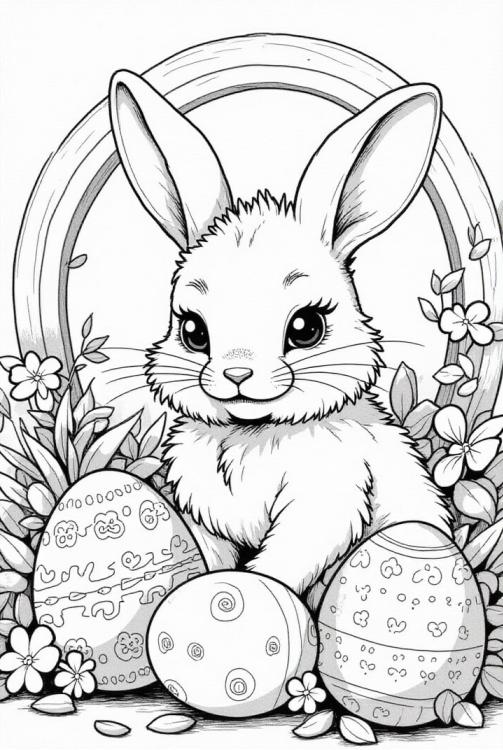 Osterhase im Garten mit Ostereiern