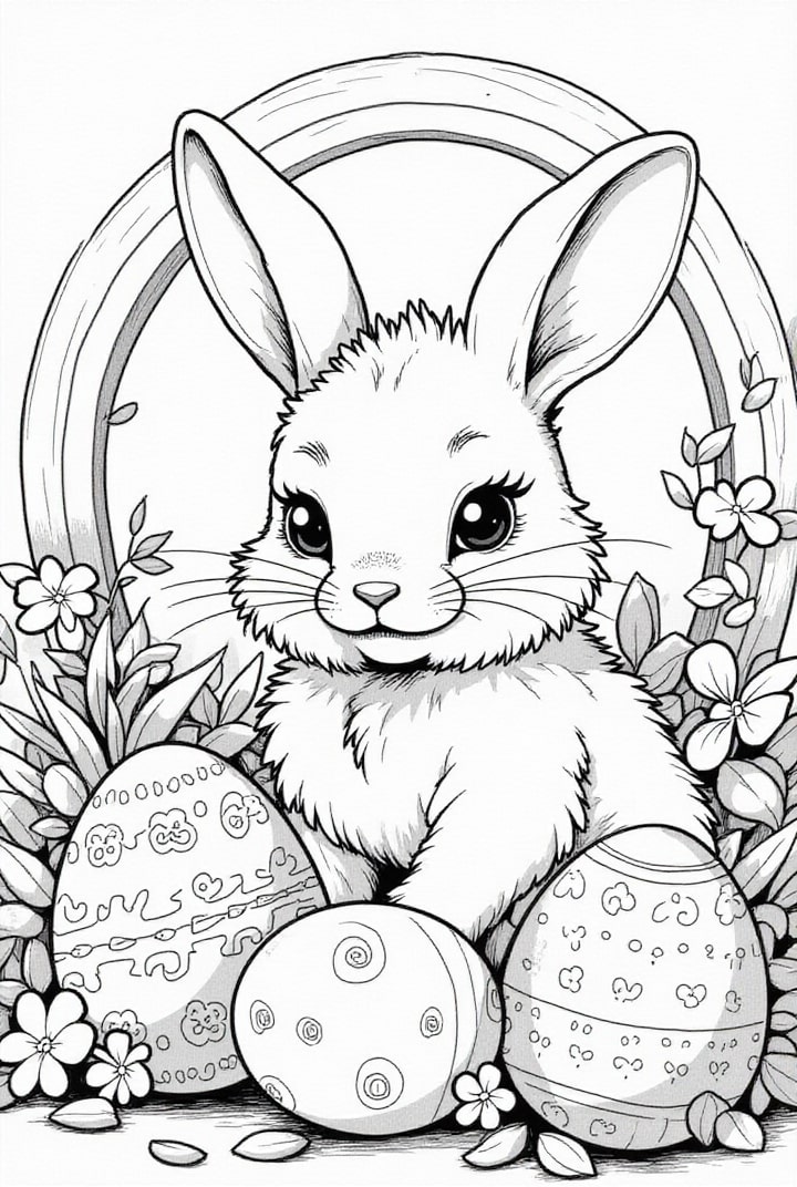 Malvorlage  Osterhase im Garten mit Ostereiern
