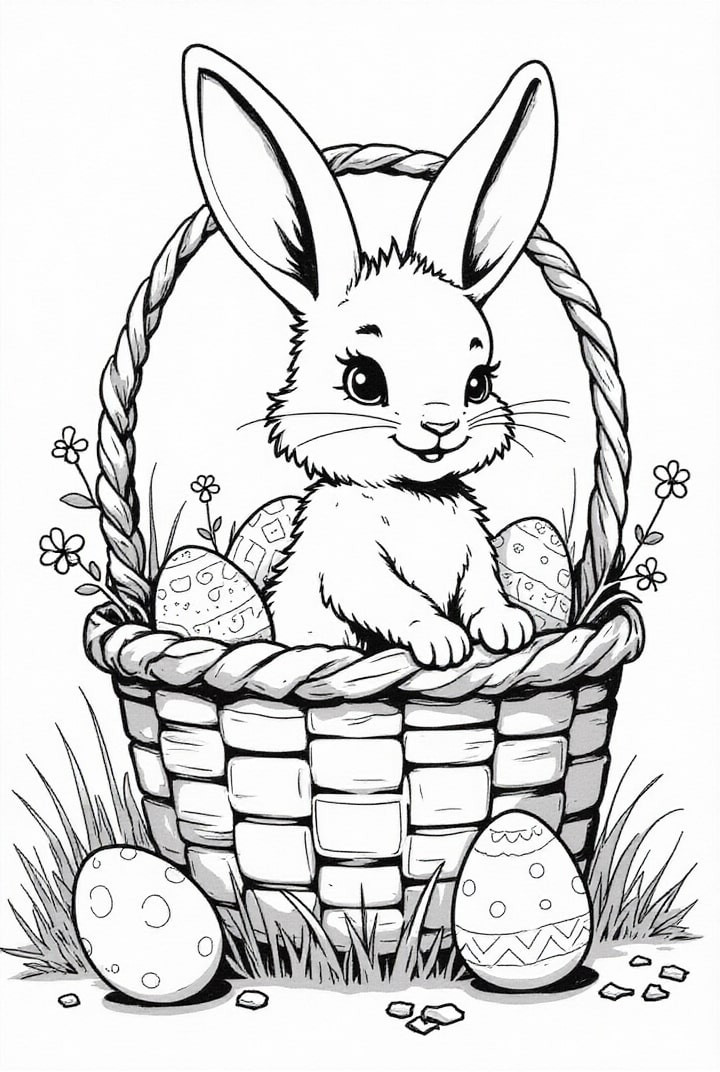 Malvorlage  Osterhase im Osterkorb mit Eiern
