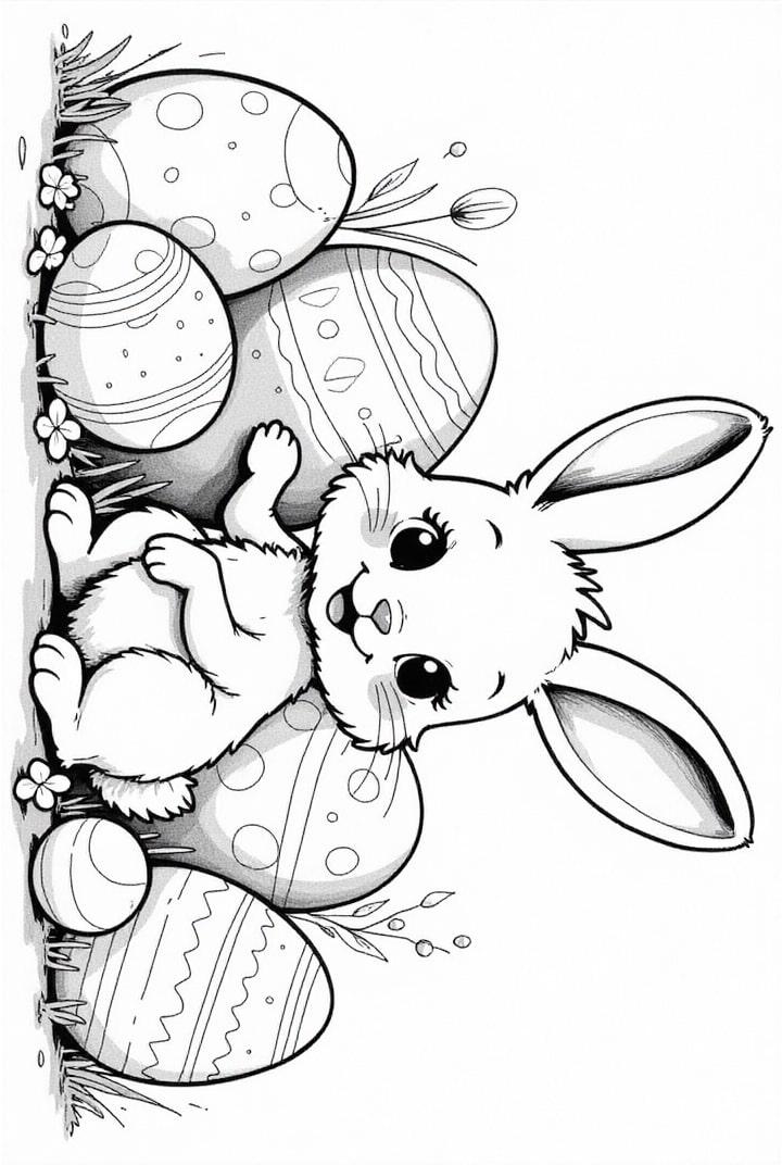 Osterhase mit Eiern im Garten