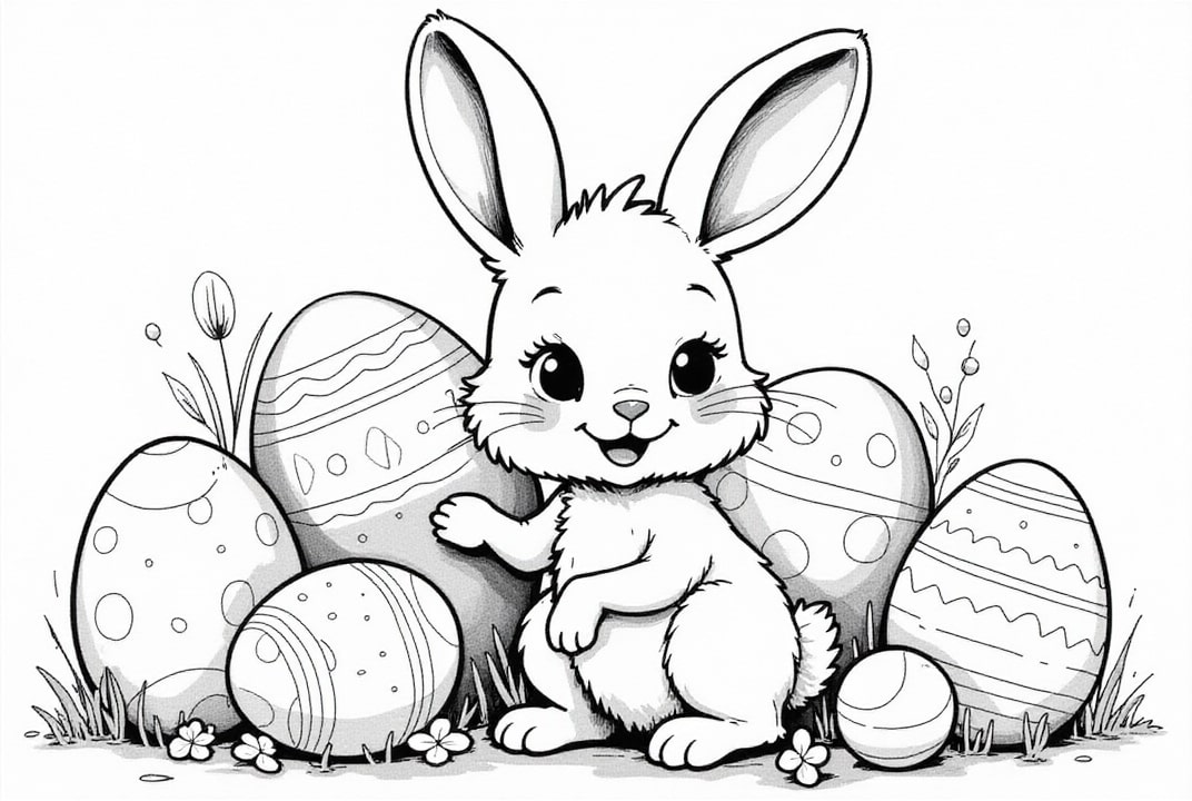 Malvorlage  Osterhase mit Eiern im Garten