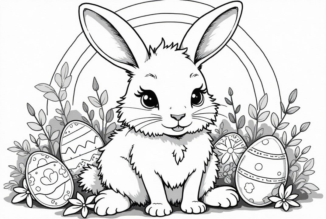 Malvorlage  Osterhase mit Ostereiern im Garten