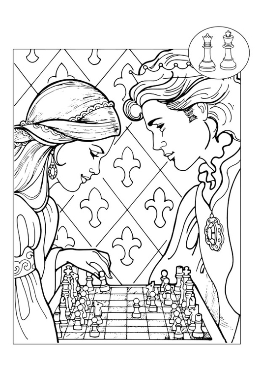 Malvorlage  Prinz und Prinzessin spielen Schach