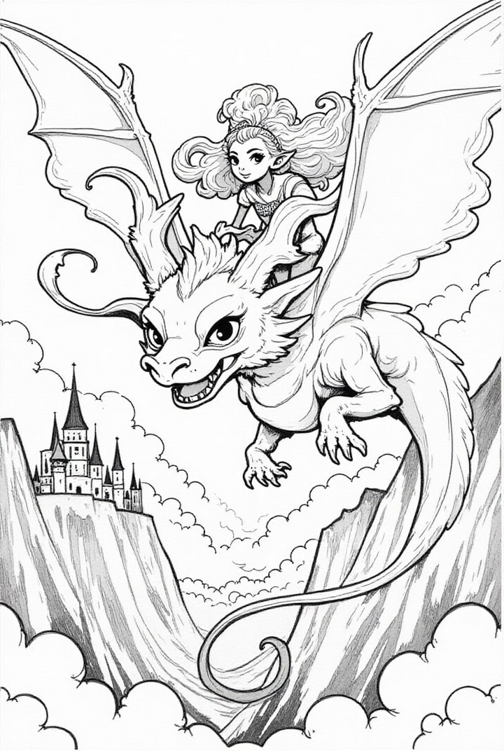 Malvorlage  Prinzessin auf ihrem fliegenden Drachen