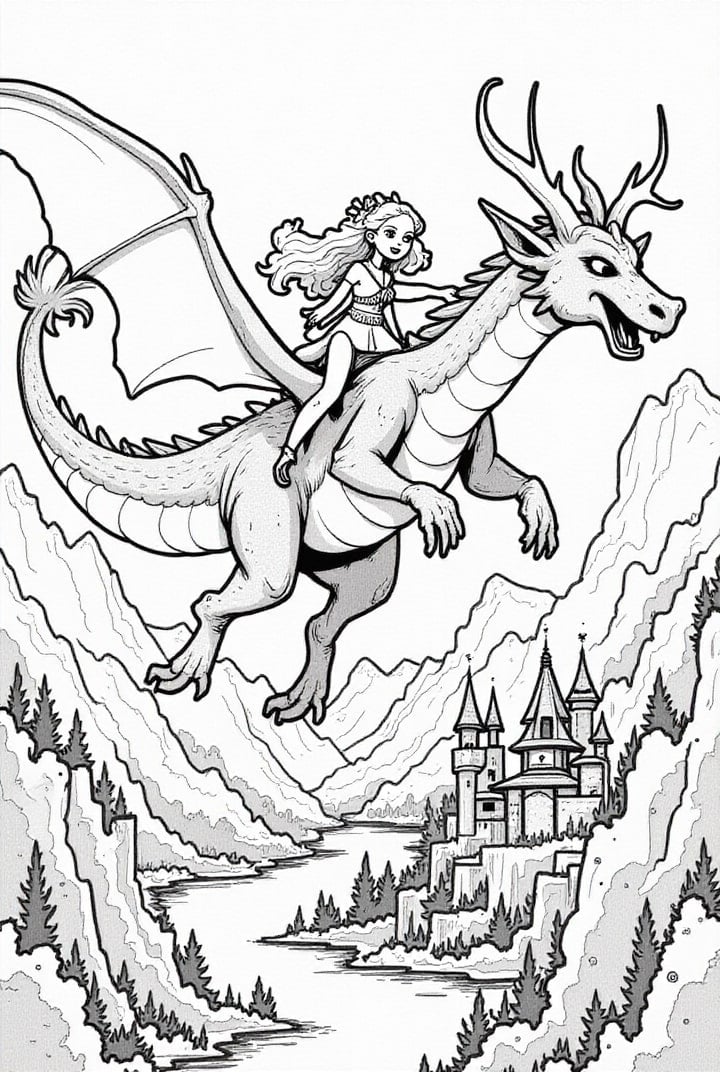 Malvorlage  Prinzessin fliegt auf ihrem Drachen